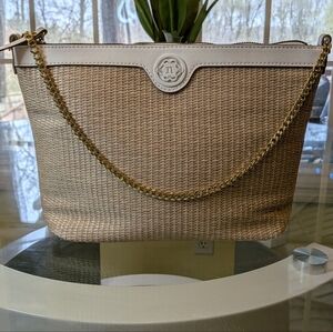 Nanette Lepore Tan and Cream Woven Handbag With Gold Chain